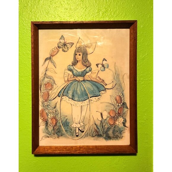 Vintage M. Harnett Lithograph Framed Artwork Of Girl With Butterflies & Flowers - Picture 1 of 11